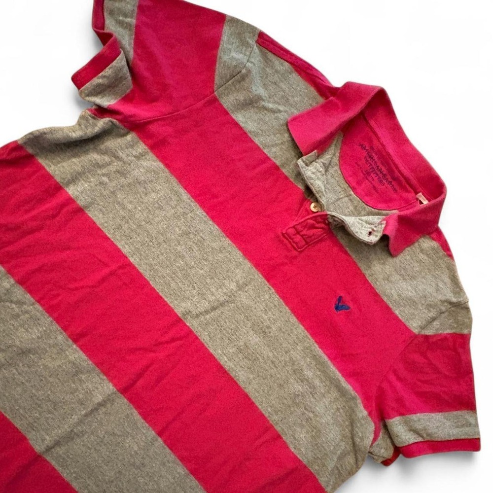 American Eagle Outfitters Mens Striped Polo Shirt Pink Gray XXL Athletic Fit